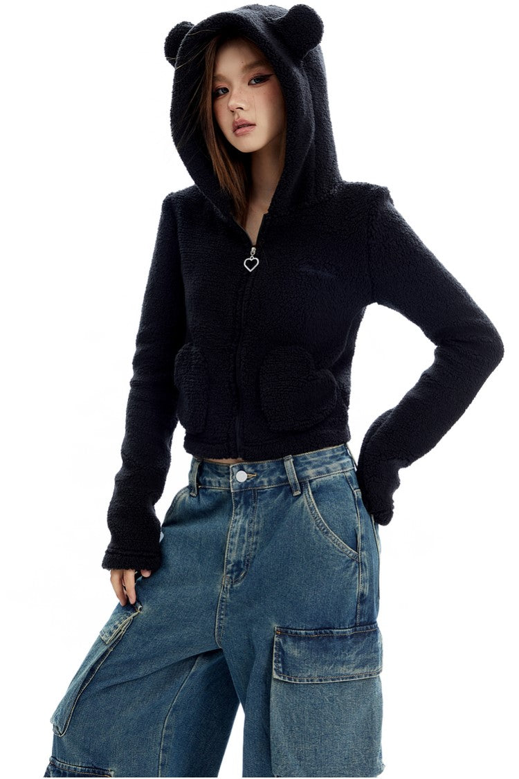 Bear Cropped Fleece Zip Up Hoodie