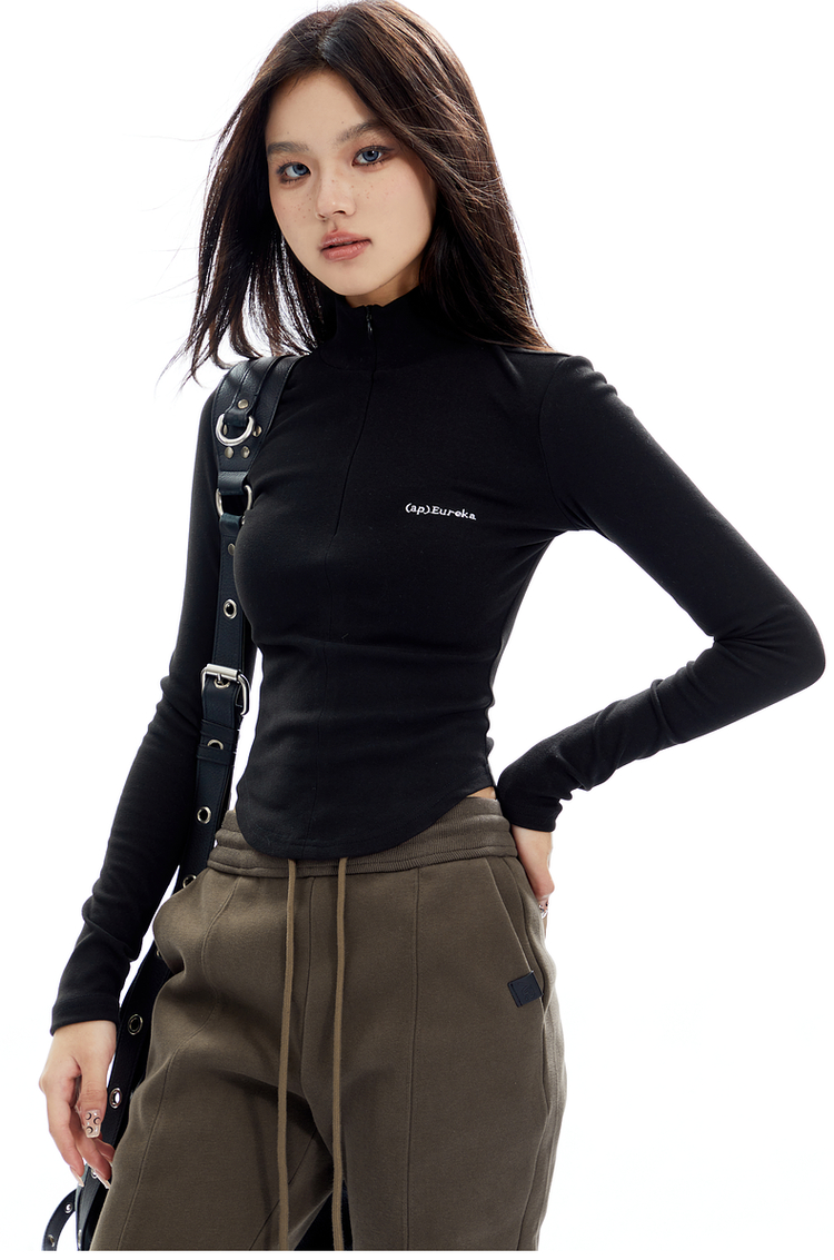 High Neck Half Zip Long Sleeve Top