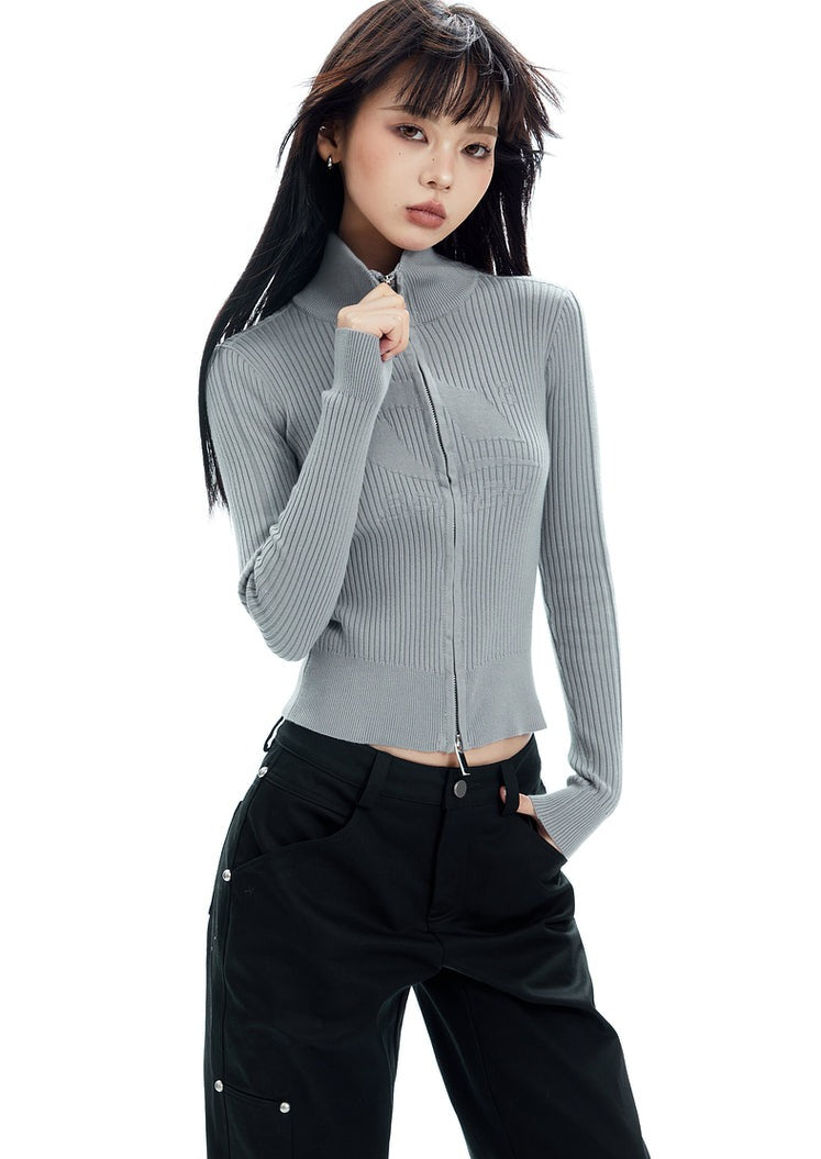 Double Zip Ribbed Knit Long Sleeve
