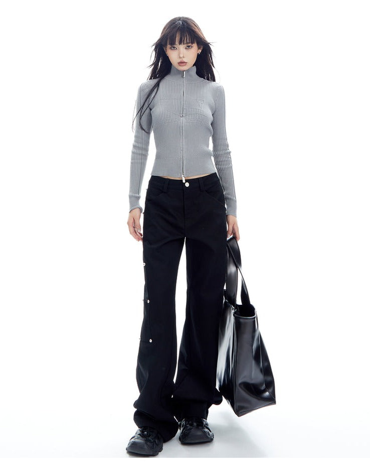 Double Zip Ribbed Knit Long Sleeve