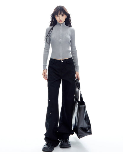 Double Zip Ribbed Knit Long Sleeve