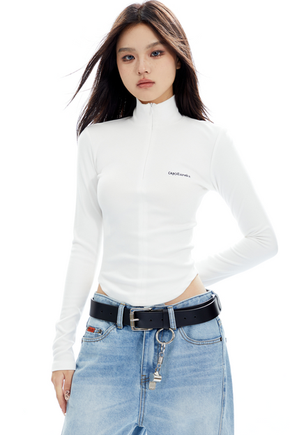 High Neck Half Zip Long Sleeve Top