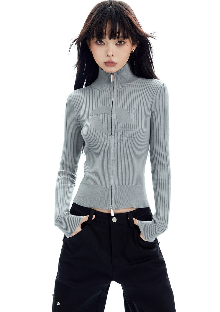 Double Zip Ribbed Knit Long Sleeve