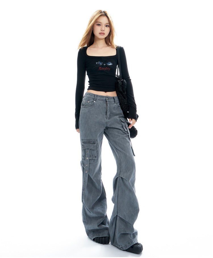 Strappy Cargo Lowrise Flared Jeans