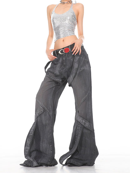 Deconstructed Strappy Denim Trousers