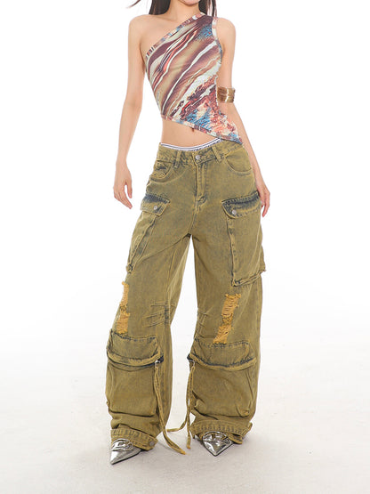 Vintage Destroyed Denim Cargo Pants
