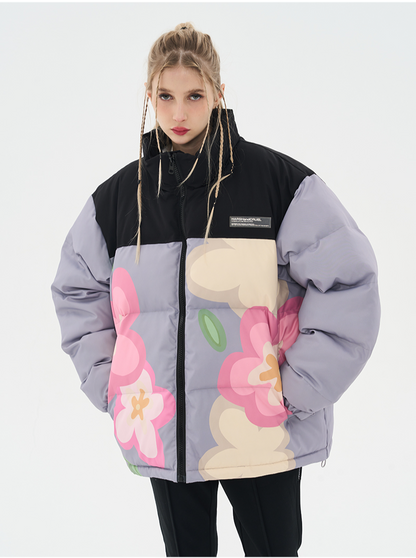 Pastel Painted Floral Puffer Jacket