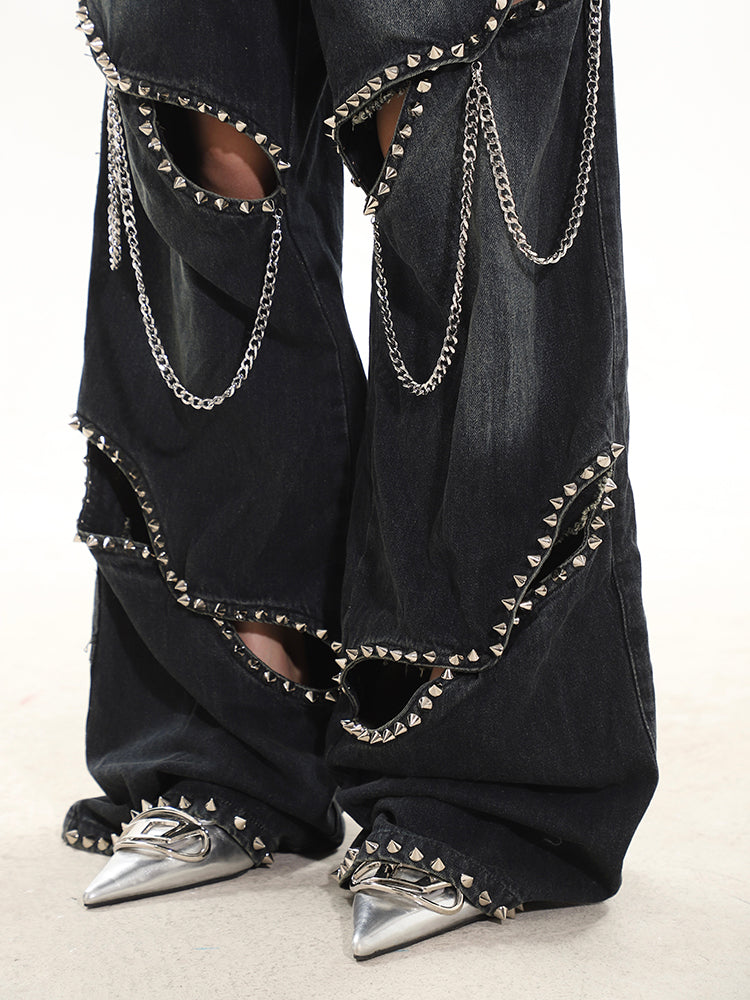 Industrial Deconstructed Chain Studded Denim Jeans