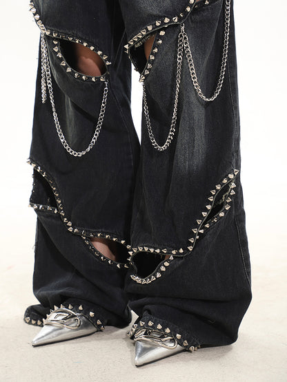 Industrial Deconstructed Chain Studded Denim Jeans