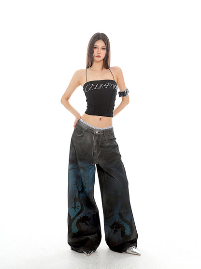 Graffiti Dragon Wide Leg Denim Jeans