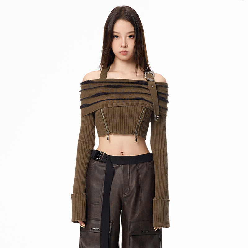 Off Shoulder Halter Long Sleeve Crop Sweater