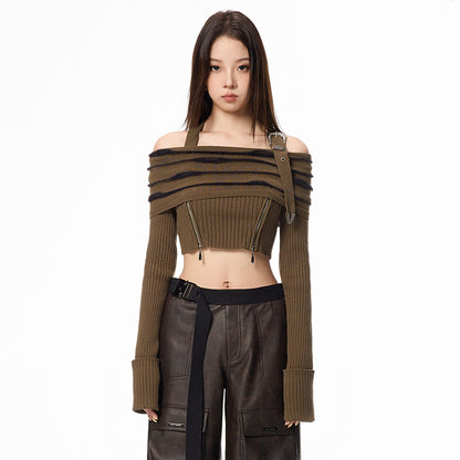 Off Shoulder Halter Long Sleeve Crop Sweater