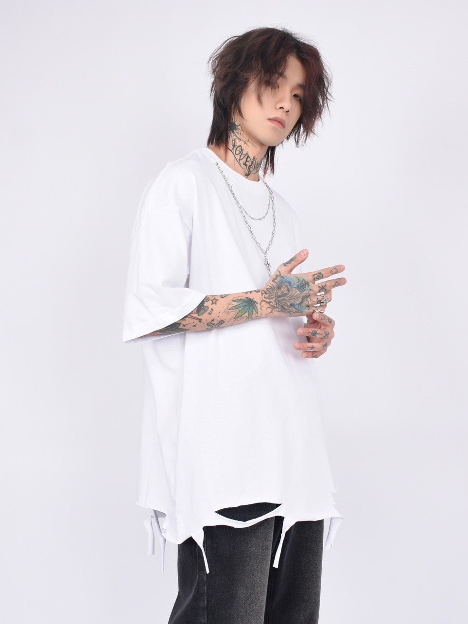 Ripped Shredded Destroyed Hem Vintage Washed T-Shirt