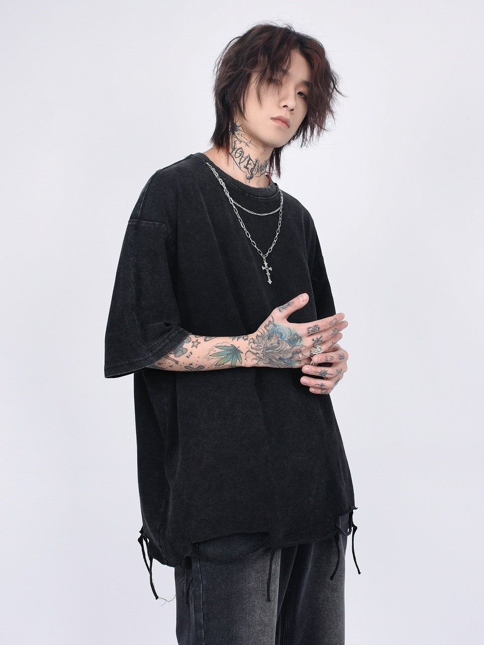 Ripped Shredded Destroyed Hem Vintage Washed T-Shirt