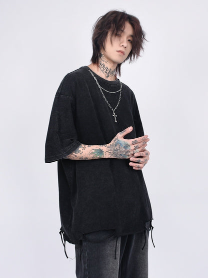 Ripped Shredded Destroyed Hem Vintage Washed T-Shirt