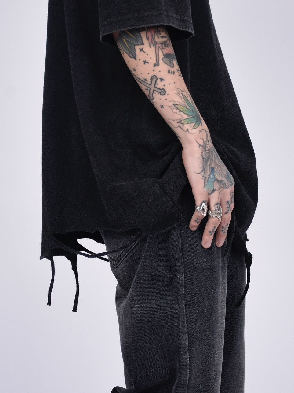 Ripped Shredded Destroyed Hem Vintage Washed T-Shirt