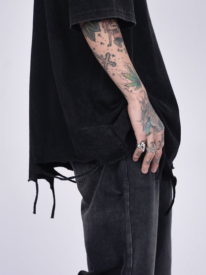Ripped Shredded Destroyed Hem Vintage Washed T-Shirt