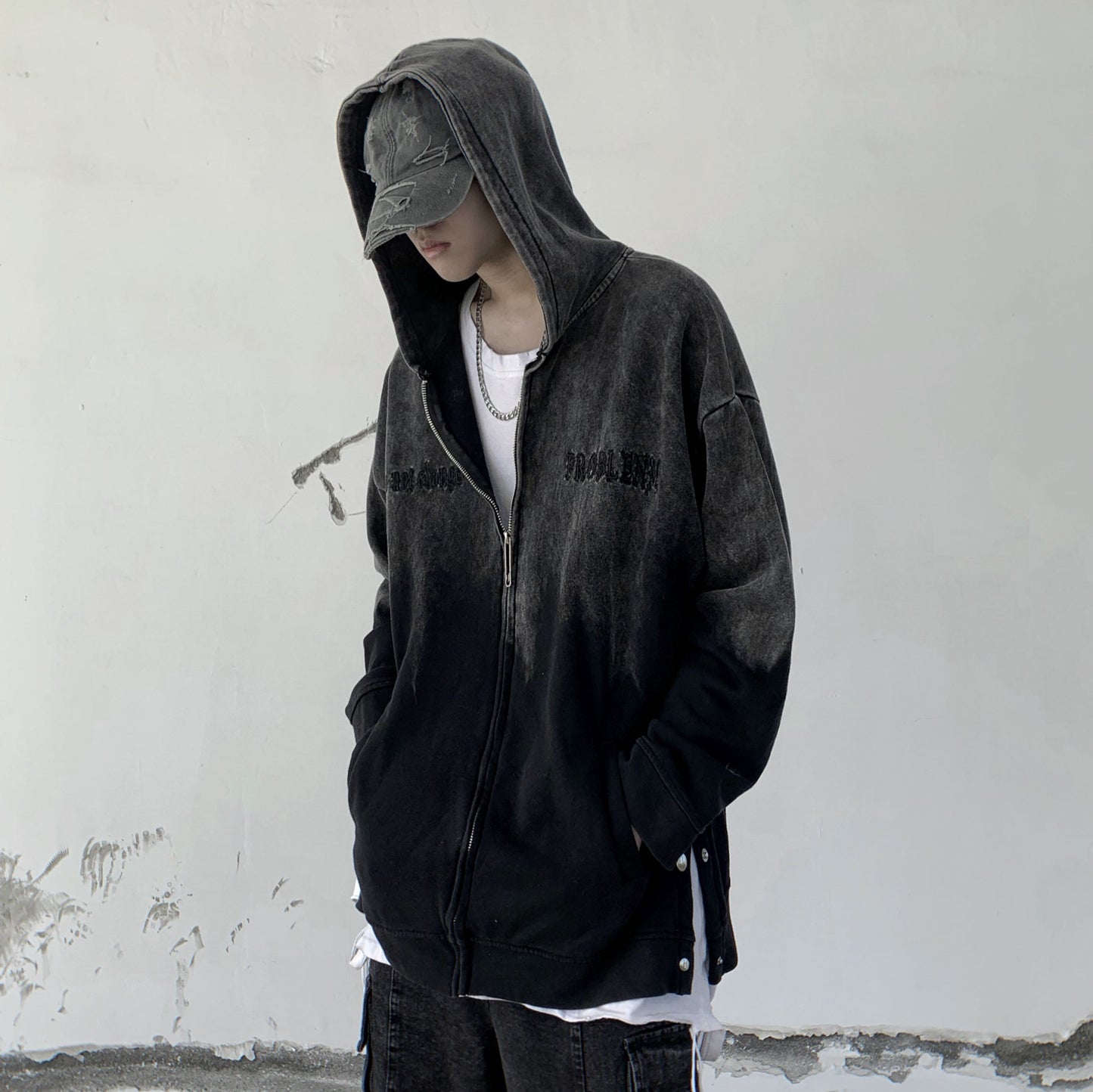 Streetwear Black Gradient Snap Side Hoodie