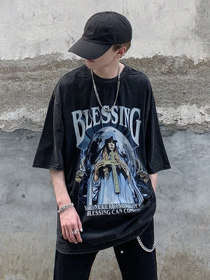 Streetwear Blessing Washed Graphic T-Shirt