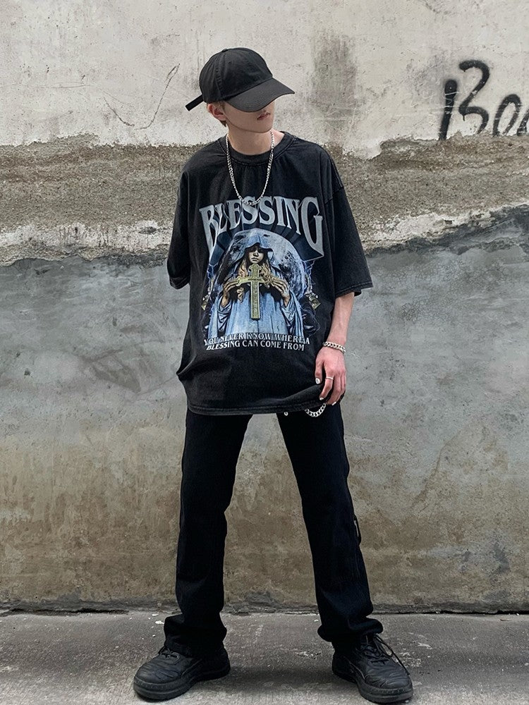 Streetwear Blessing Washed Graphic T-Shirt