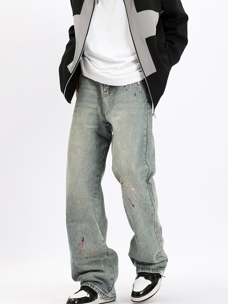 Paint Splash Embroidered Straight Leg Jeans