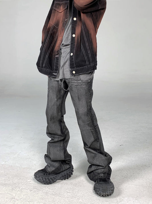 Goth Coated Black Washed Flared Jeans