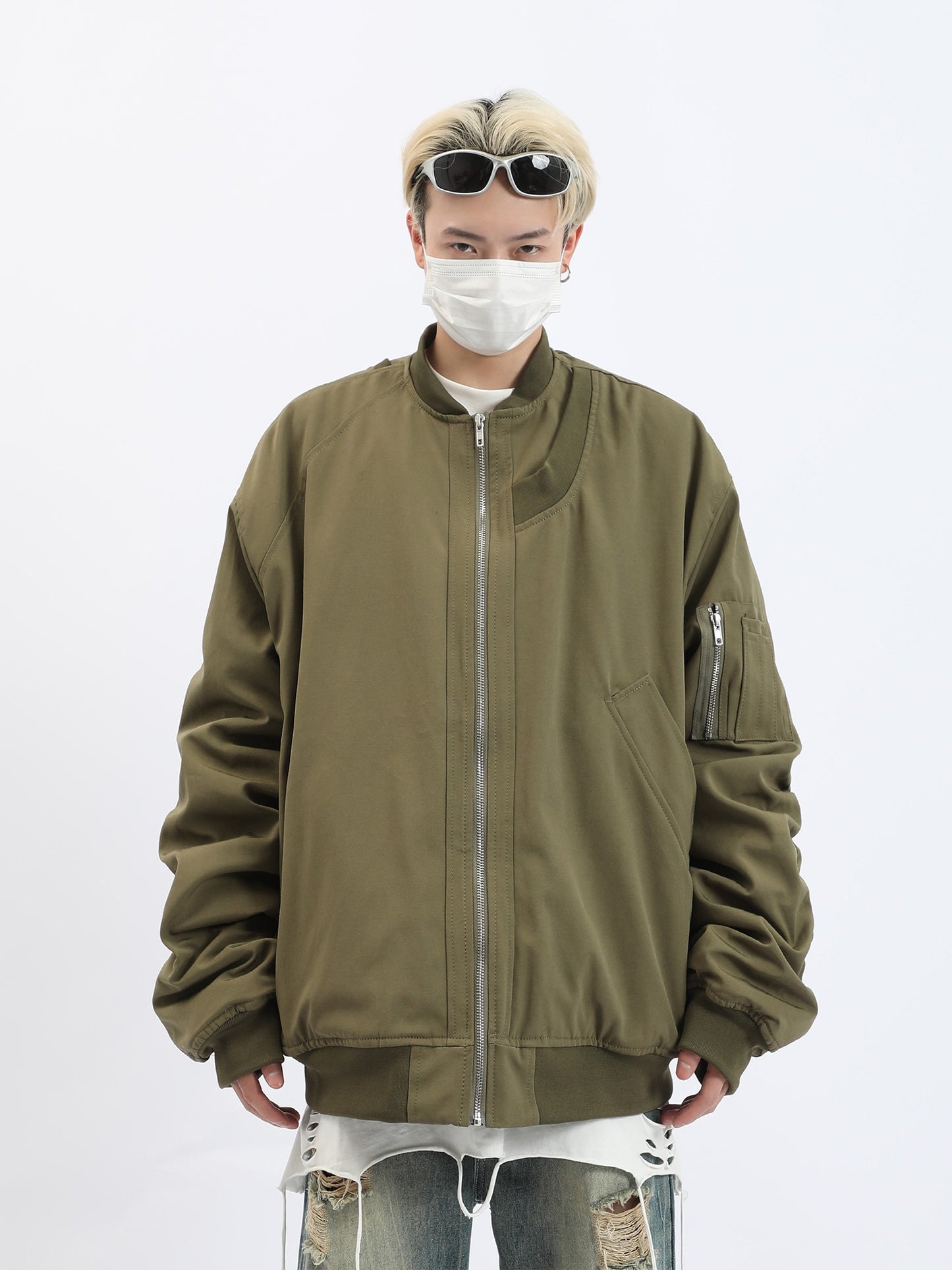 Ruched Sleeve Bomber Jacket