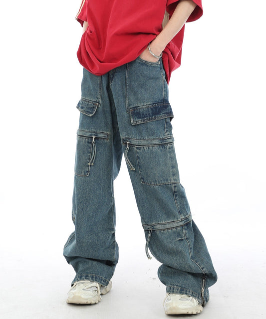 Loose Fit Zipper Cargo Jeans