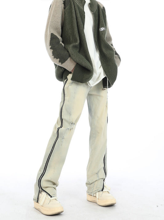 Side Zipper Sand Washed Jeans