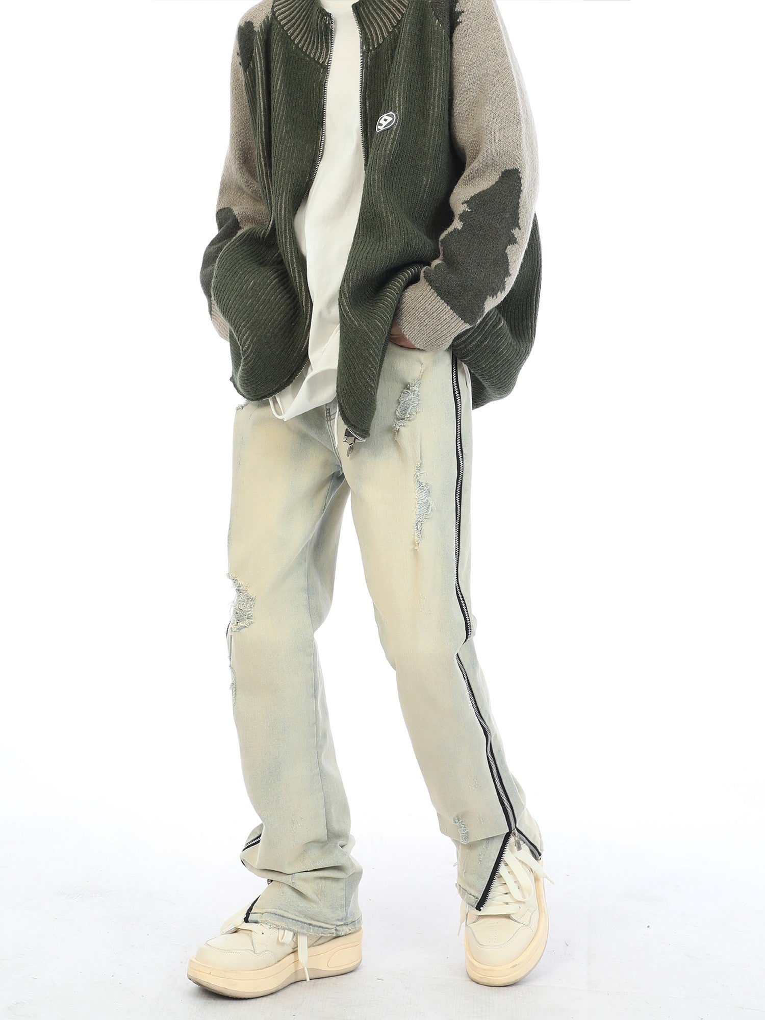 Side Zipper Sand Washed Jeans