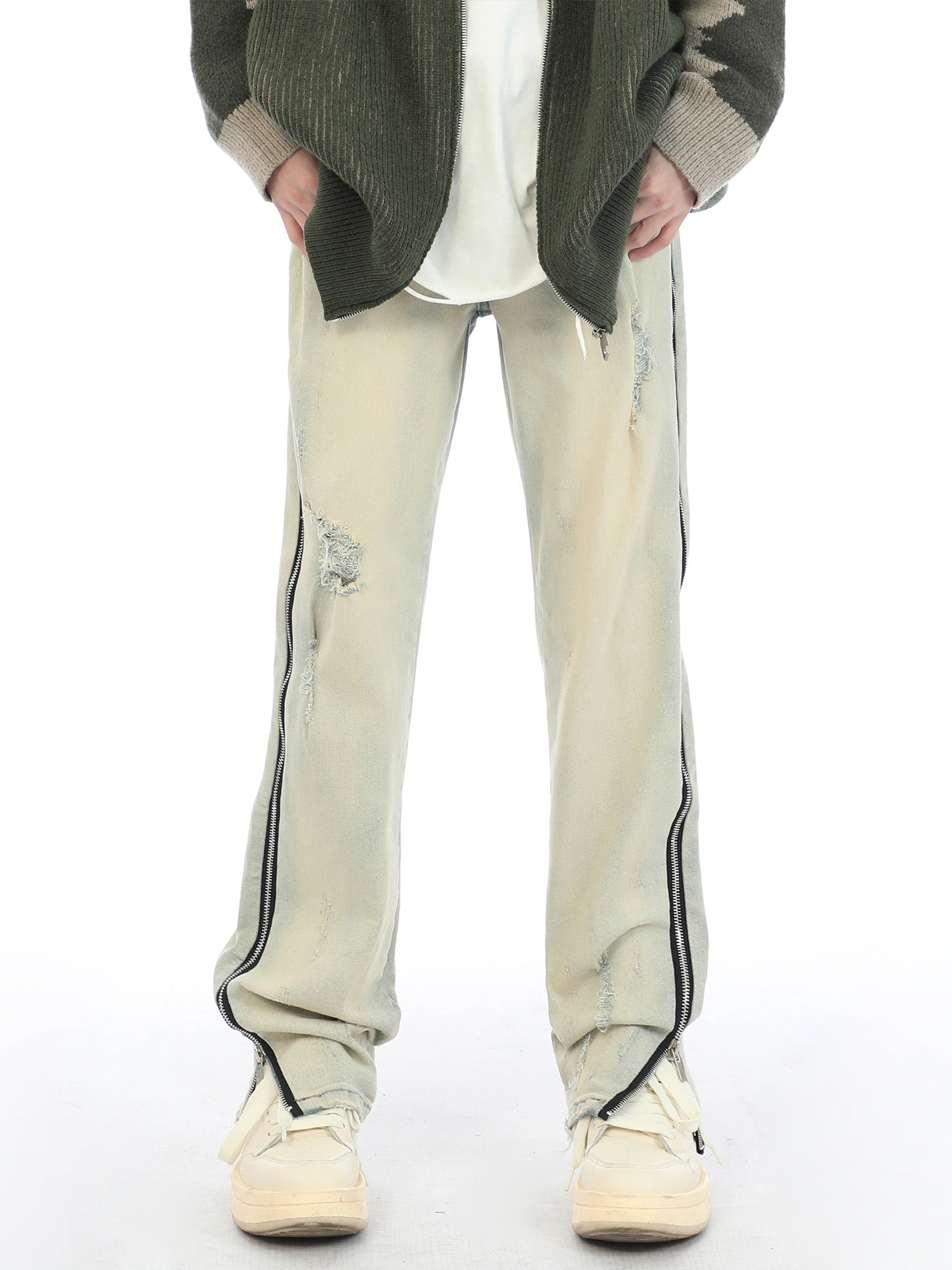 Side Zipper Sand Washed Jeans