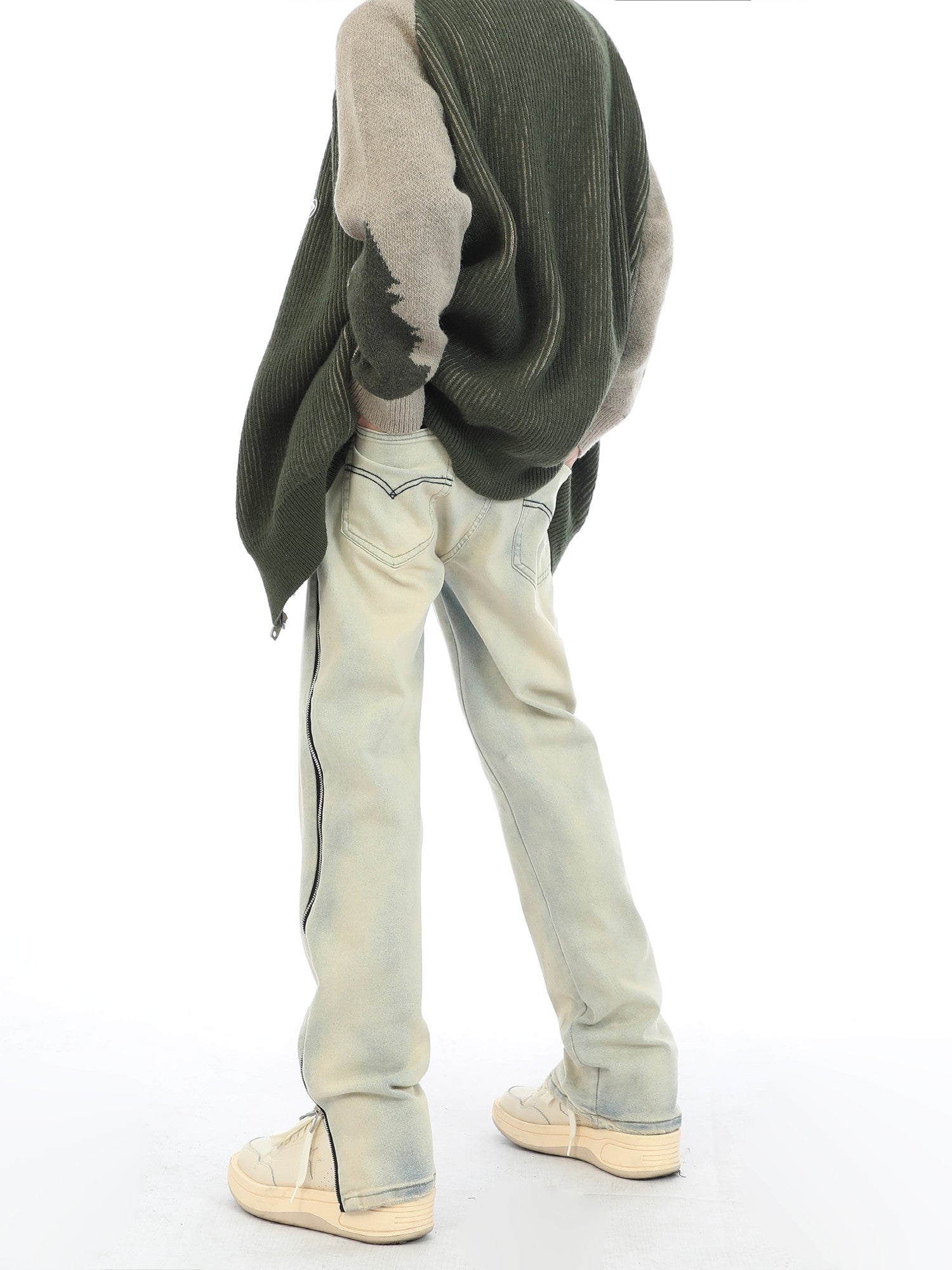 Side Zipper Sand Washed Jeans