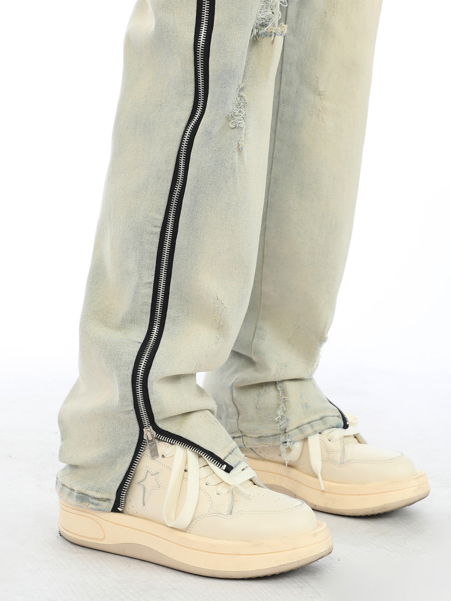Side Zipper Sand Washed Jeans