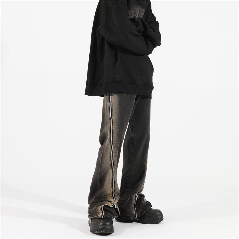 Side Zipper Distressed Jeans