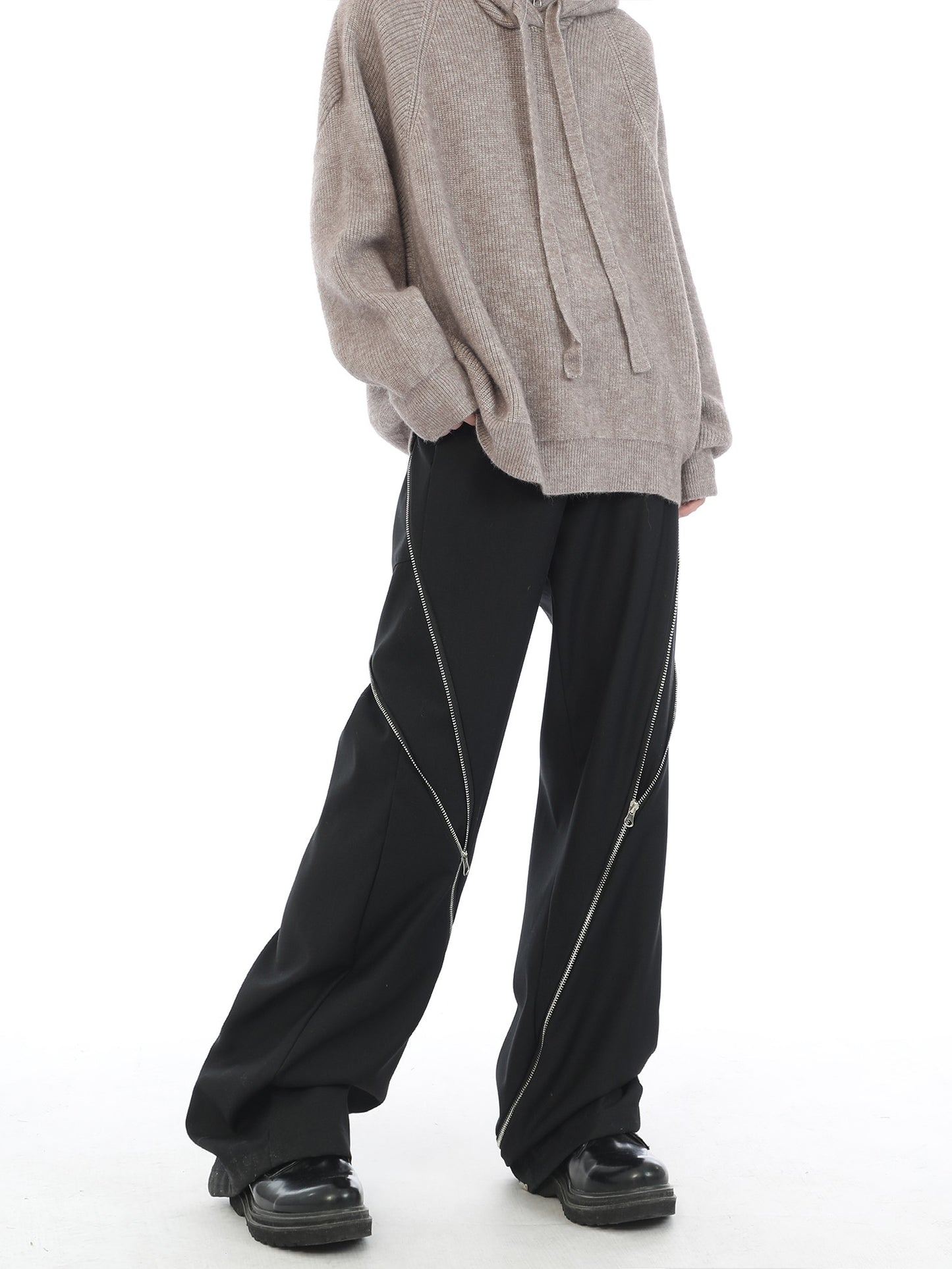 Diagonal Zipper  Black Wide Leg Pants