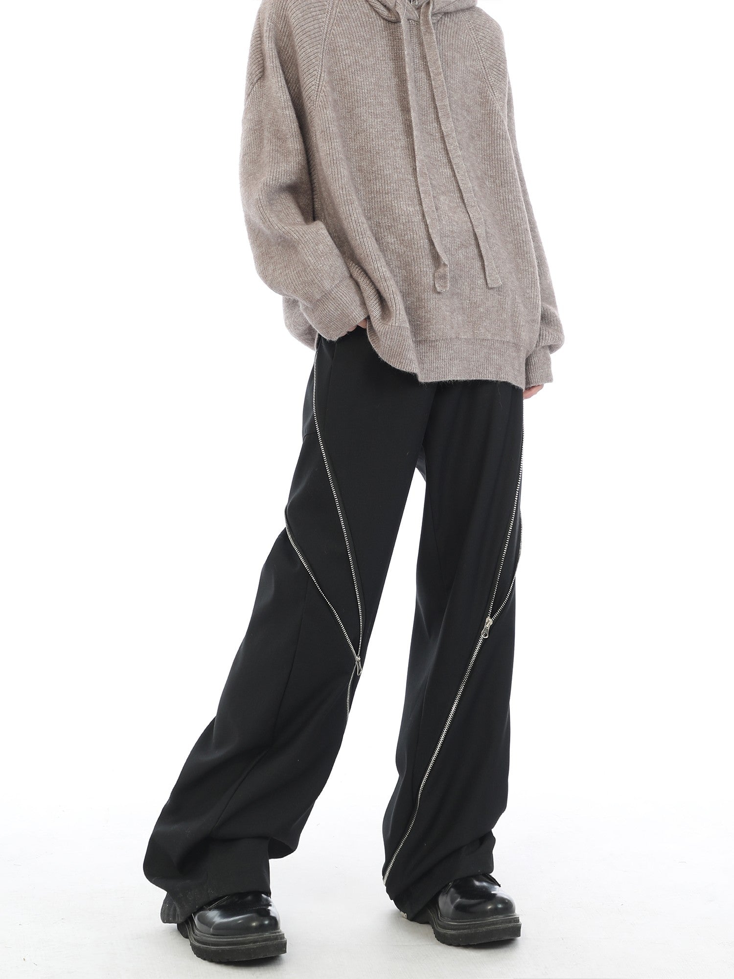 Diagonal Zipper  Black Wide Leg Pants