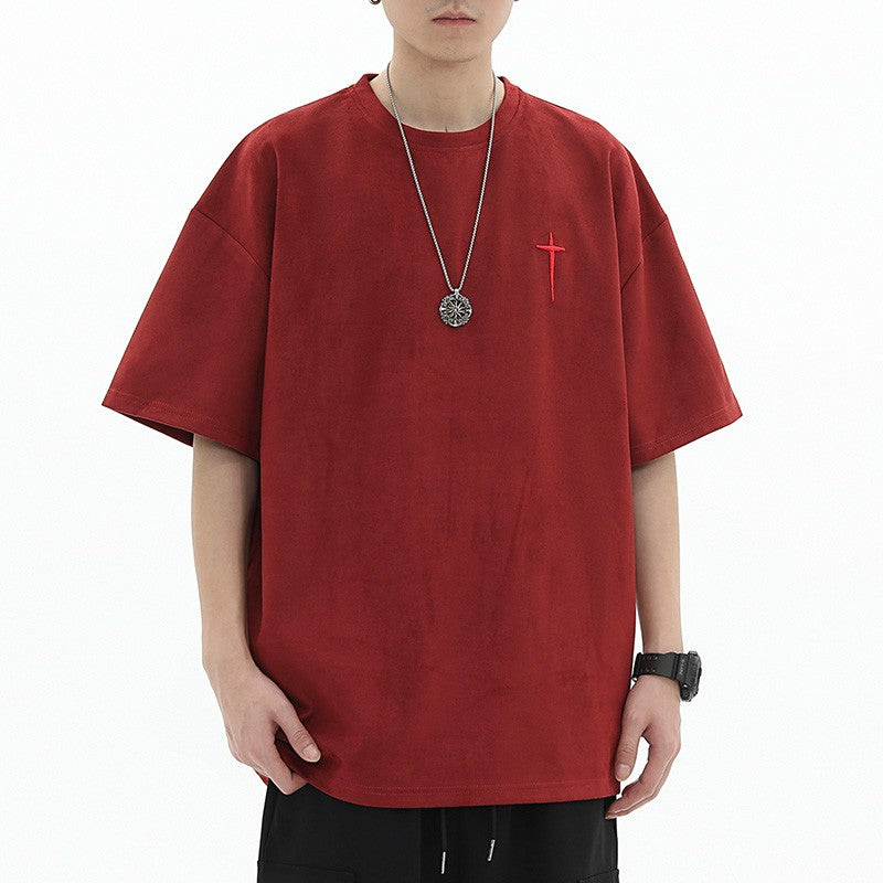 Cross Embroidered Sueded T-Shirt