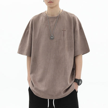 Cross Embroidered Sueded T-Shirt