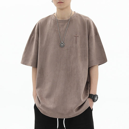 Cross Embroidered Sueded T-Shirt