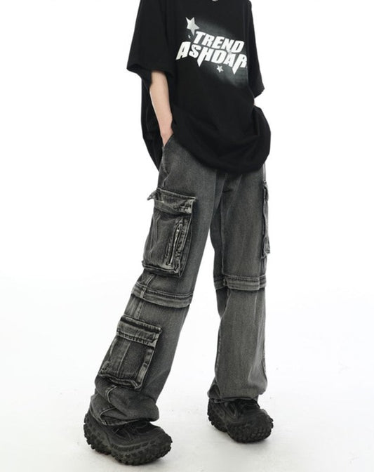 Wide Leg Distressed Zip Away Cargo Jeans