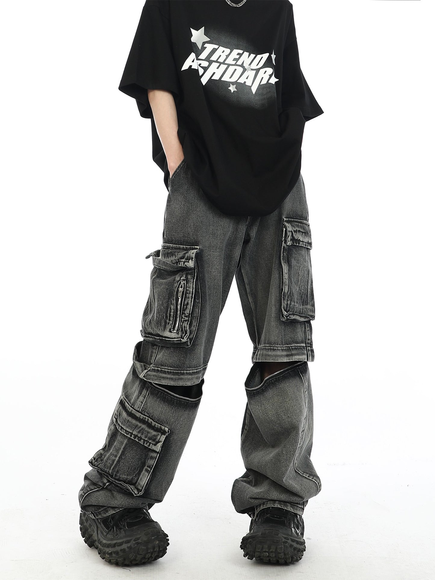 Wide Leg Distressed Zip Away Cargo Jeans