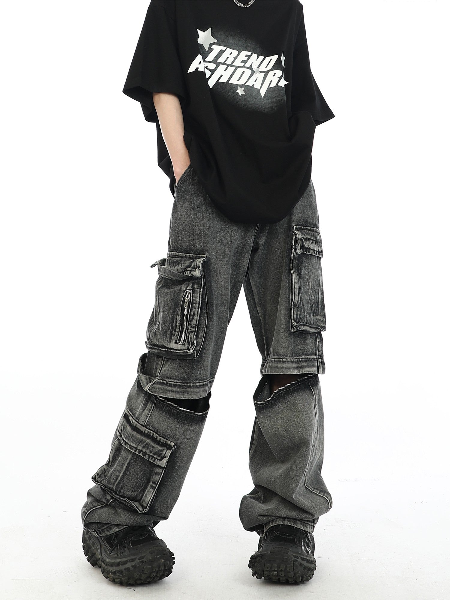 Wide Leg Distressed Zip Away Cargo Jeans