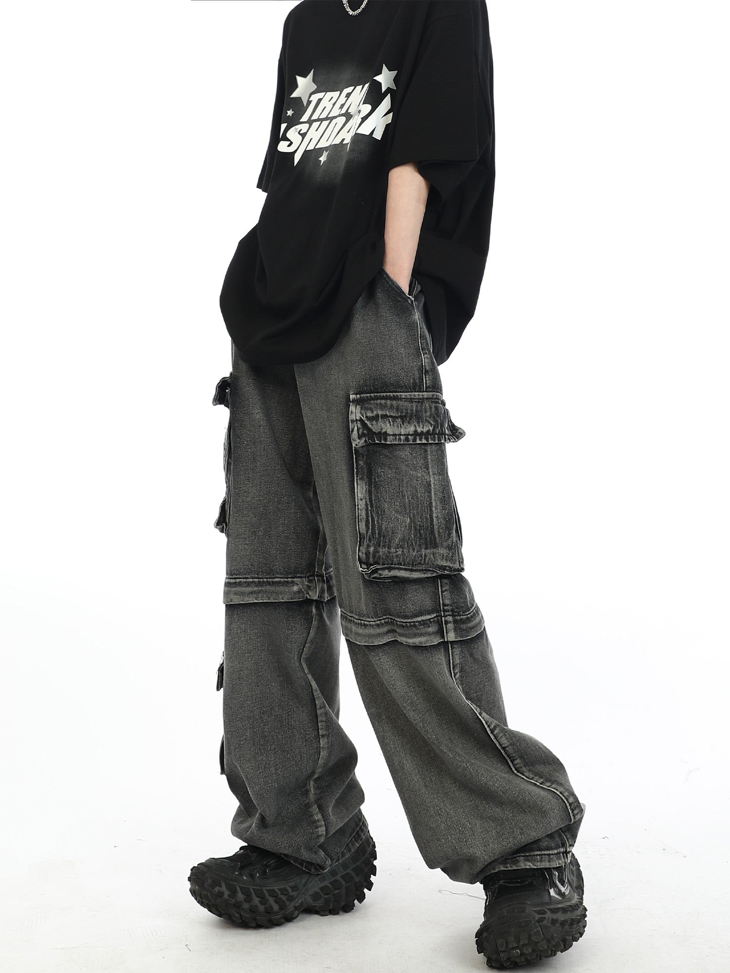 Wide Leg Distressed Zip Away Cargo Jeans