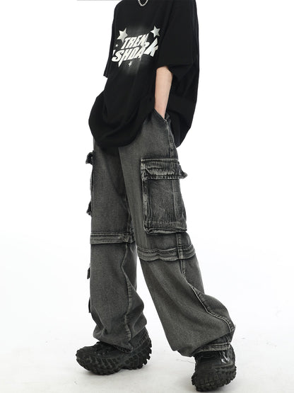 Wide Leg Distressed Zip Away Cargo Jeans