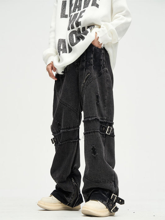 Grunge Streetwear Destroyed Buckled Baggy Jeans