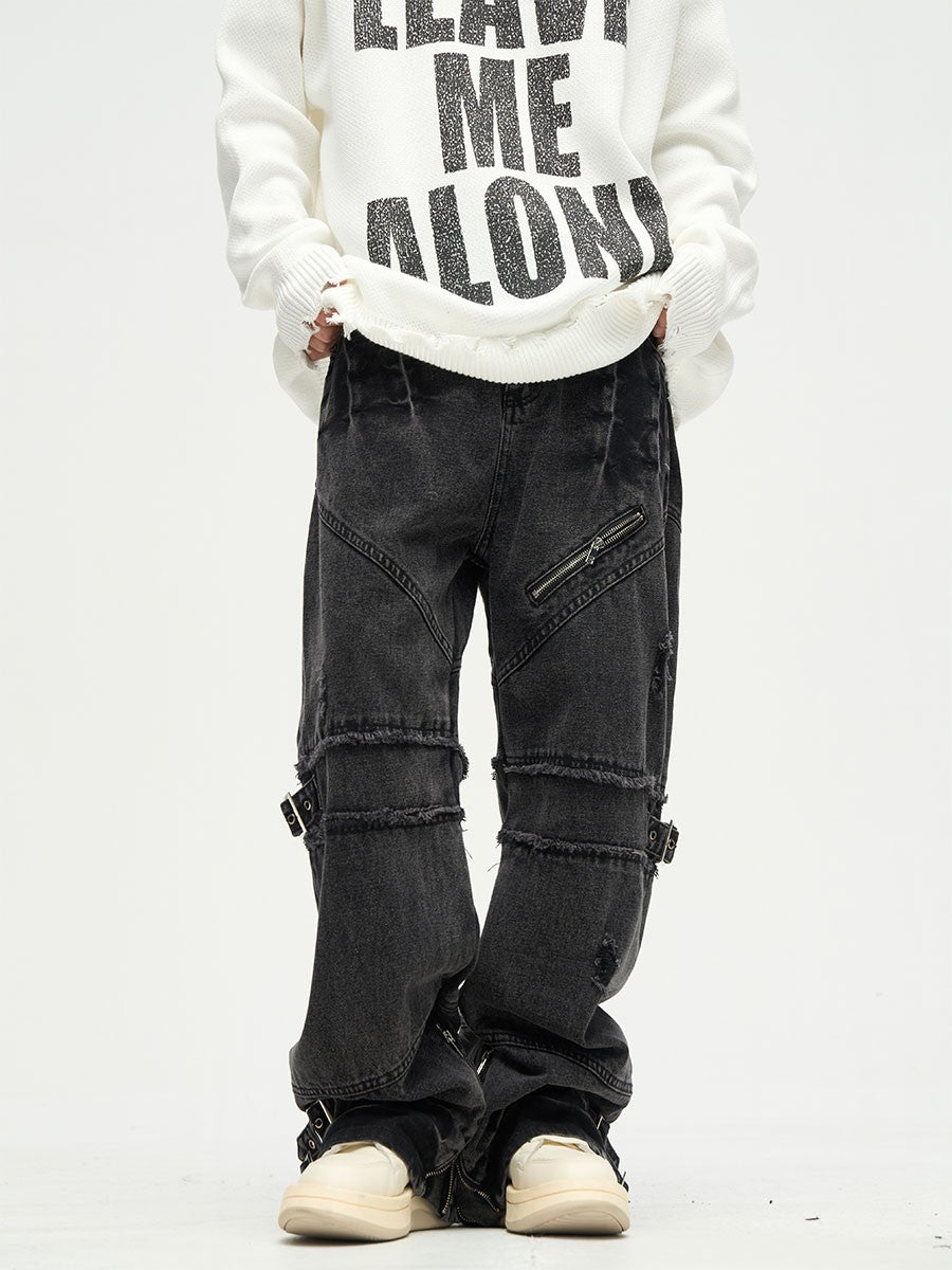 y2k Streetwear Destroyed Buckled Baggy Jeans