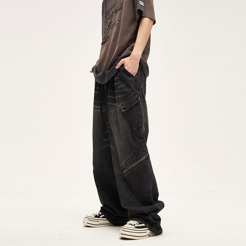 Distressed Drawstring Wide Leg Cargo Jeans