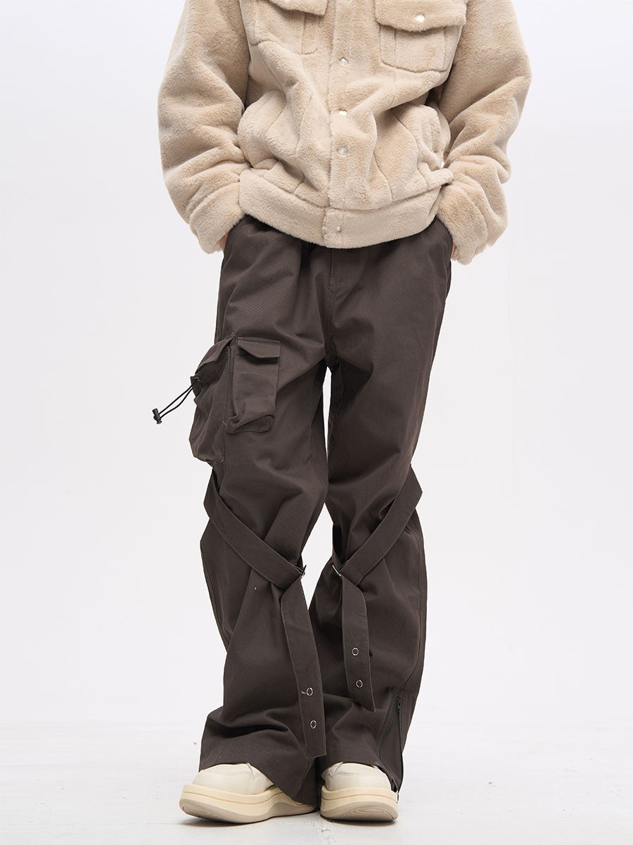 Streetwear Brown Strapped Cargo Pocket Pants