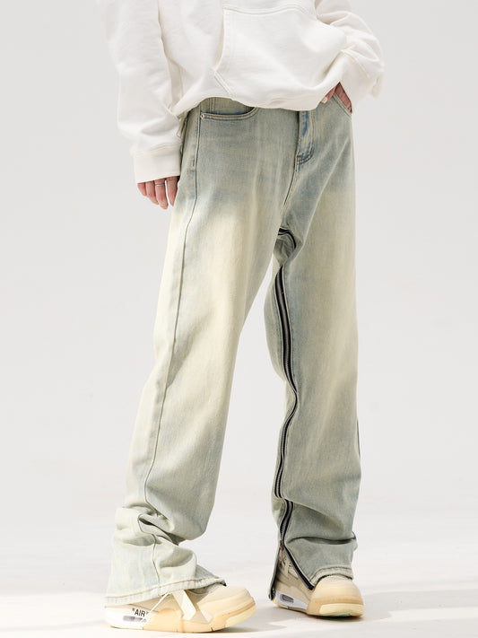 Zipper Inseam Bleached Straight Leg Jeans