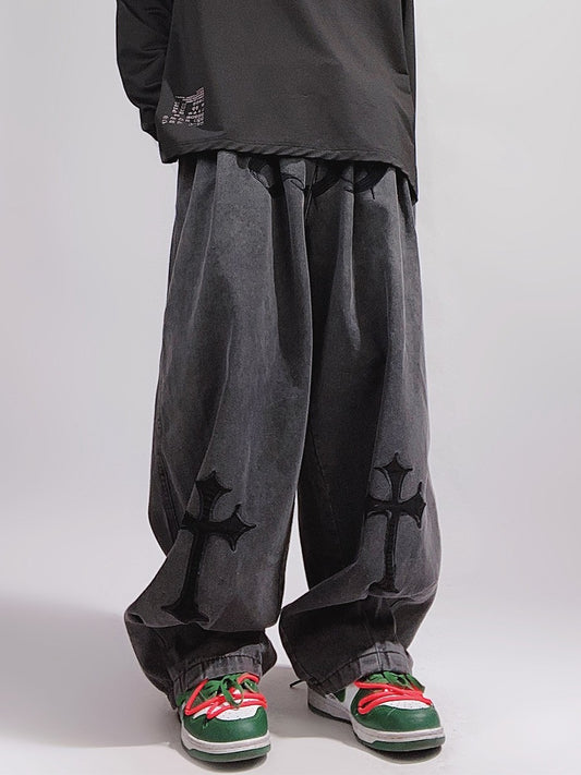 Streetwear Crosses Wide Leg Baggy Faded Jeans